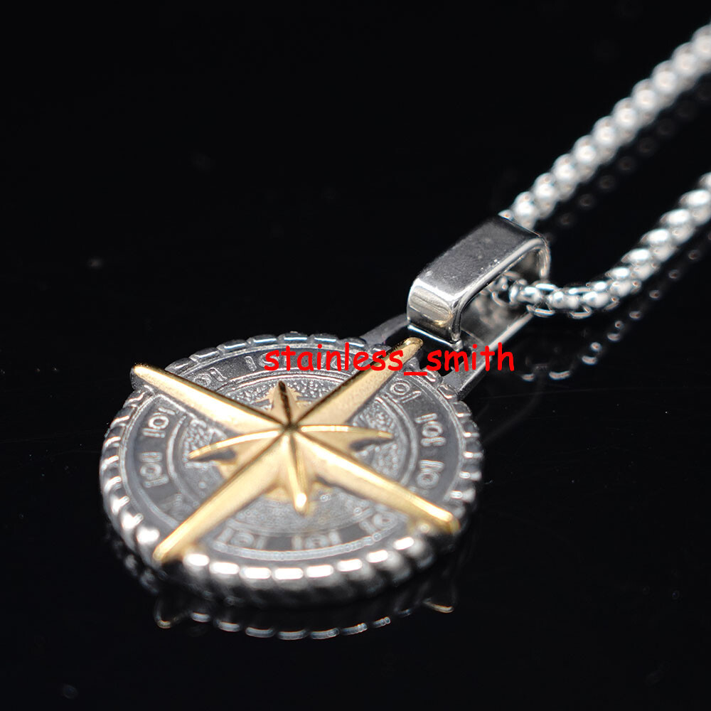SMITH Mens Stainless Steel Nautical Punk North Star Compass Pendant Necklace