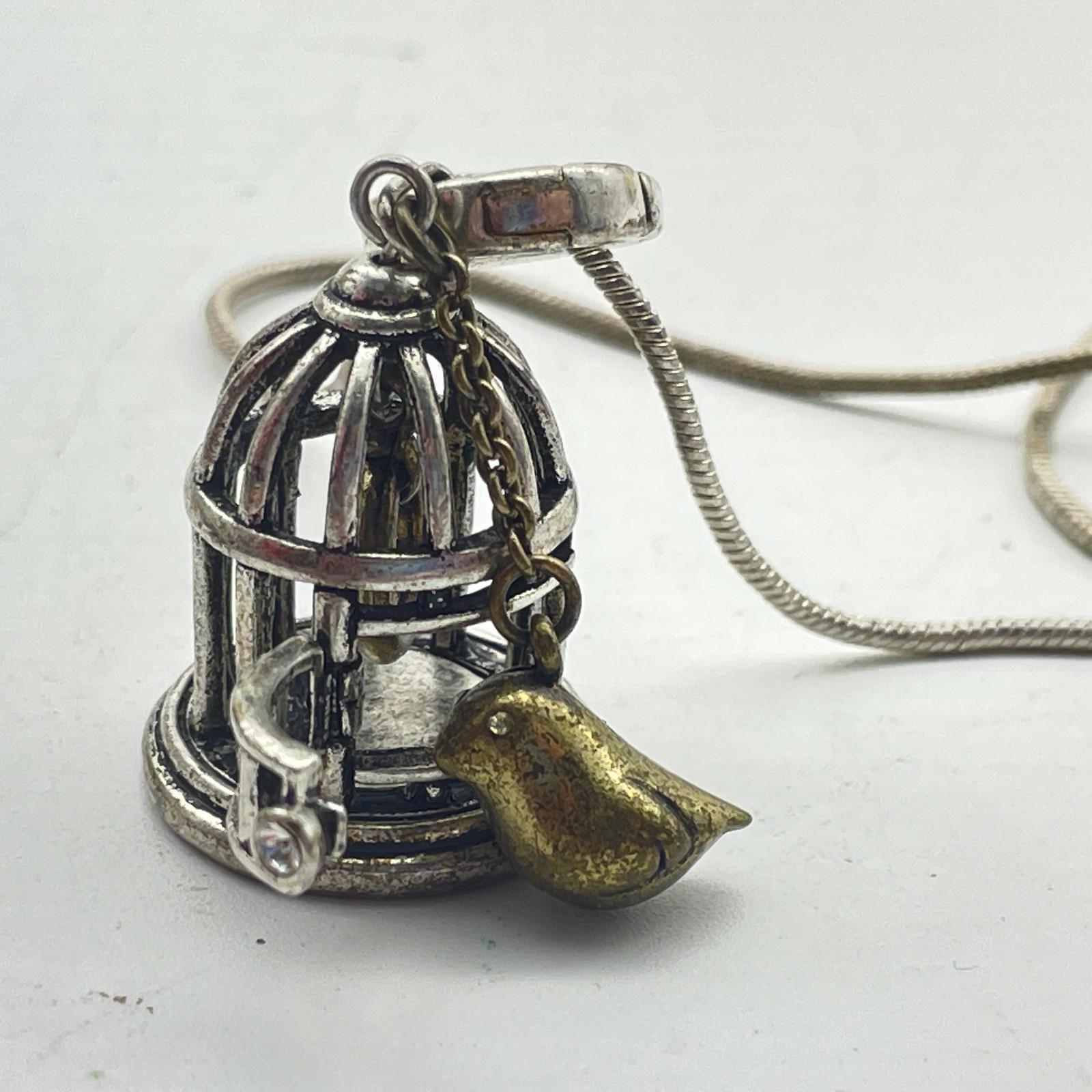 FOSSIL Birdcage Pendant Brass Bird Long Chain Jewelry Gift