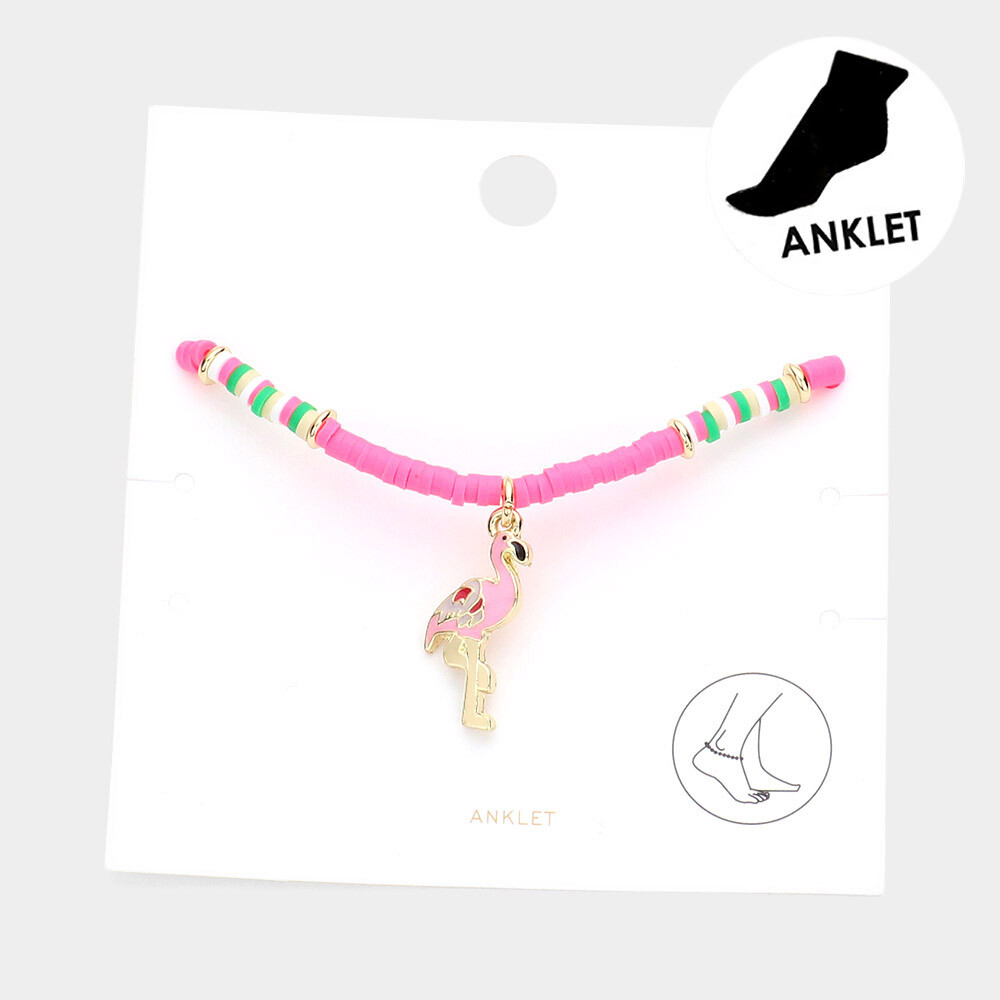 NEW Tropical Flamingo Charm Colorful Pink Vinyl Rubber Heishi Disc Beads Anklet