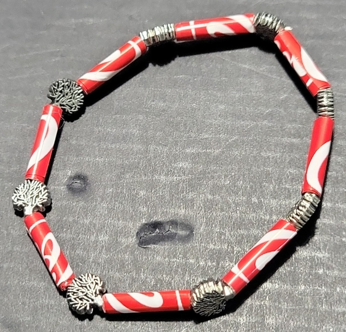 Set Of 3 Coca-Cola Bracelets, Vinyl “beads”, Silver Tree Spacers, Mitz