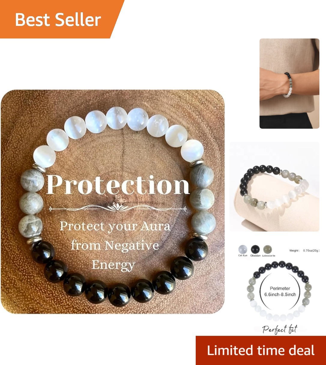 Handmade Unisex Healing Bracelet with Obsidian, Labradorite & Cat Eye Stones