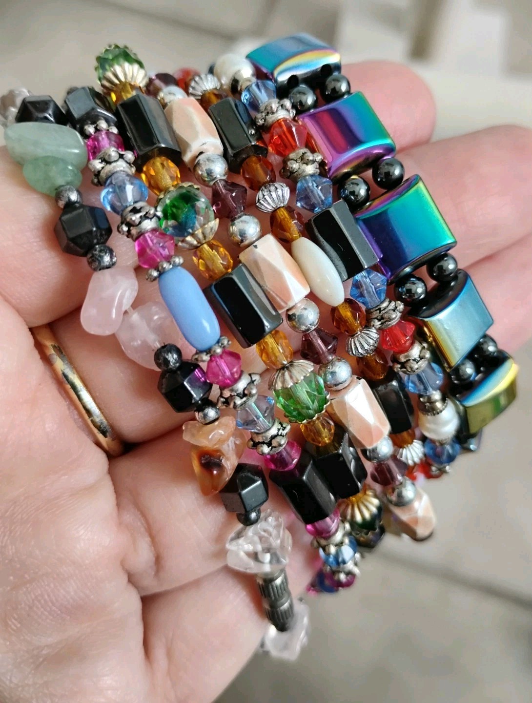 Lot Of 7 Hematite Stone Glass Plastic Beaded Stretch Vintage Bracelets Closures