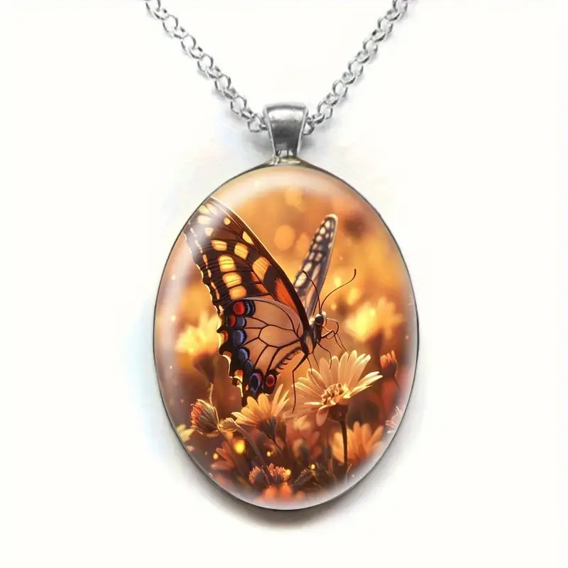 Elegant Autumn Sunset Butterfly Oval Pendant Necklace