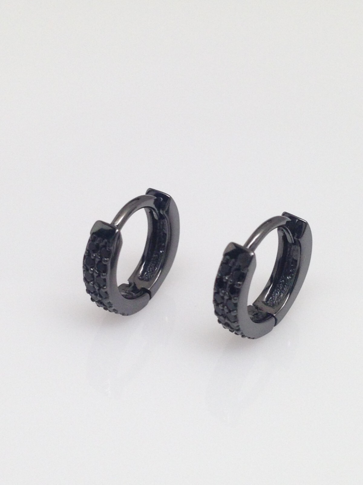 925 Sterling Silver Cz Black Onyx Huggie Hoop Earrings Mens Women 10mm x 2.2mm