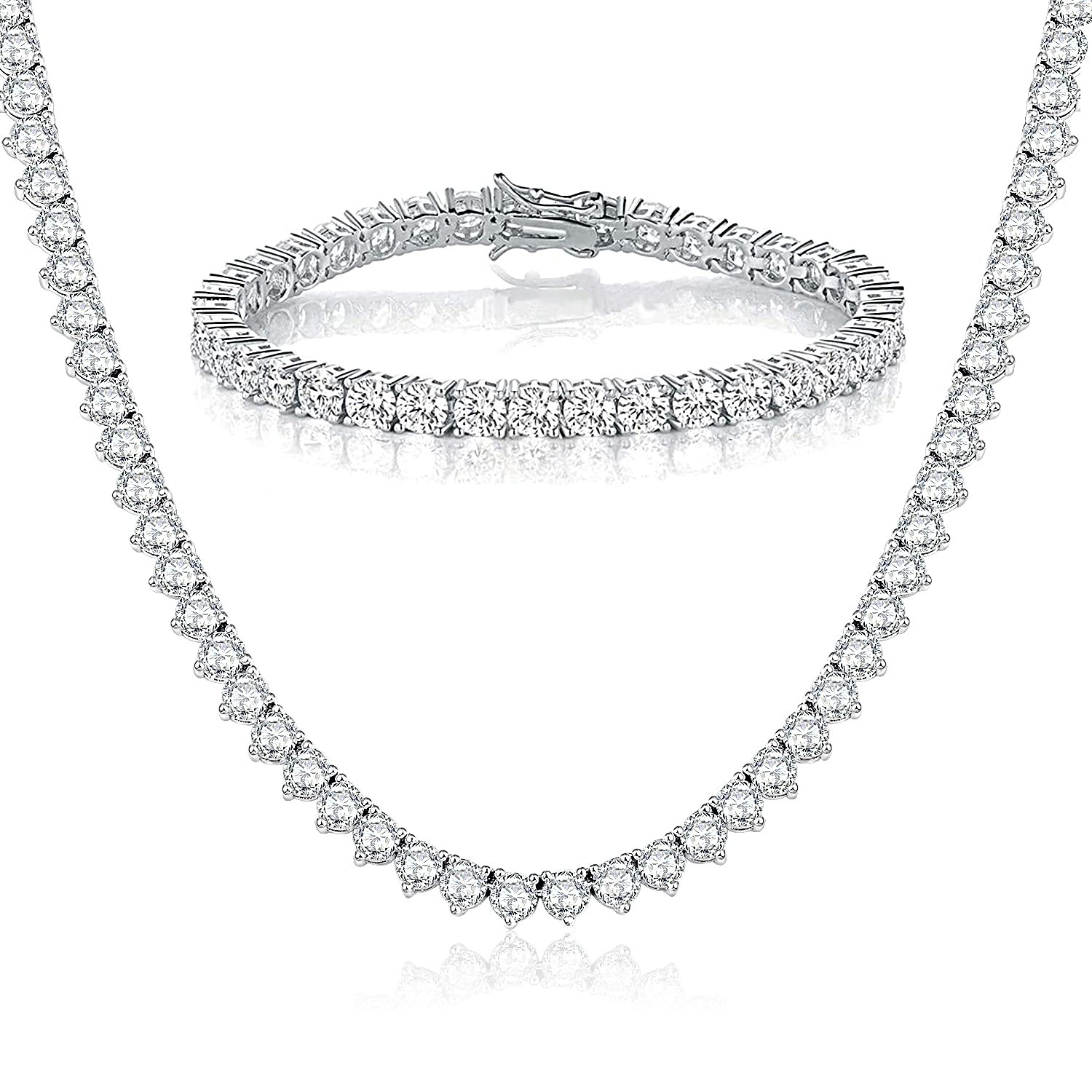 Tennis Necklace Bracelet Jewelry Sets 18K White Gold Plated 4mm Round Cubic Z…