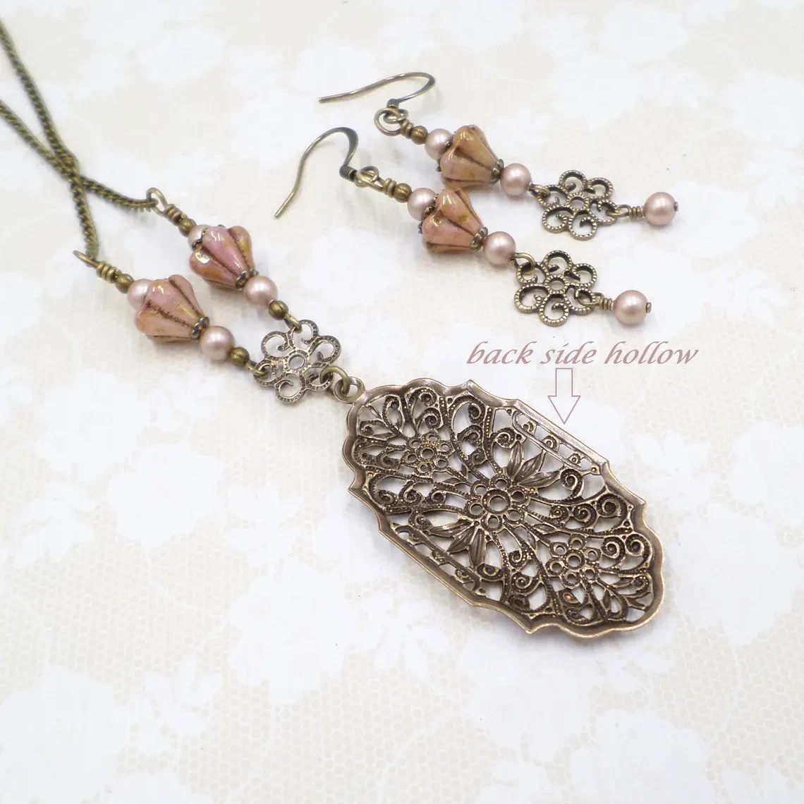 Victorian Style Brass Filigree Blush Pink Flower & Pearl Necklace Set