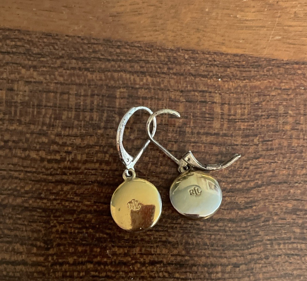 Vtg Ralph Lauren Two Tone Button Drop Pierced Earrings Silver Gold Exc Cond