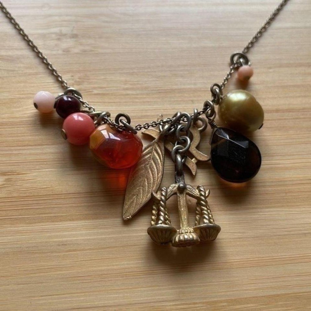 Libra Charm Necklace Zodiac Sign Astrology Jewelry Gold Tone Beaded Multi Charm