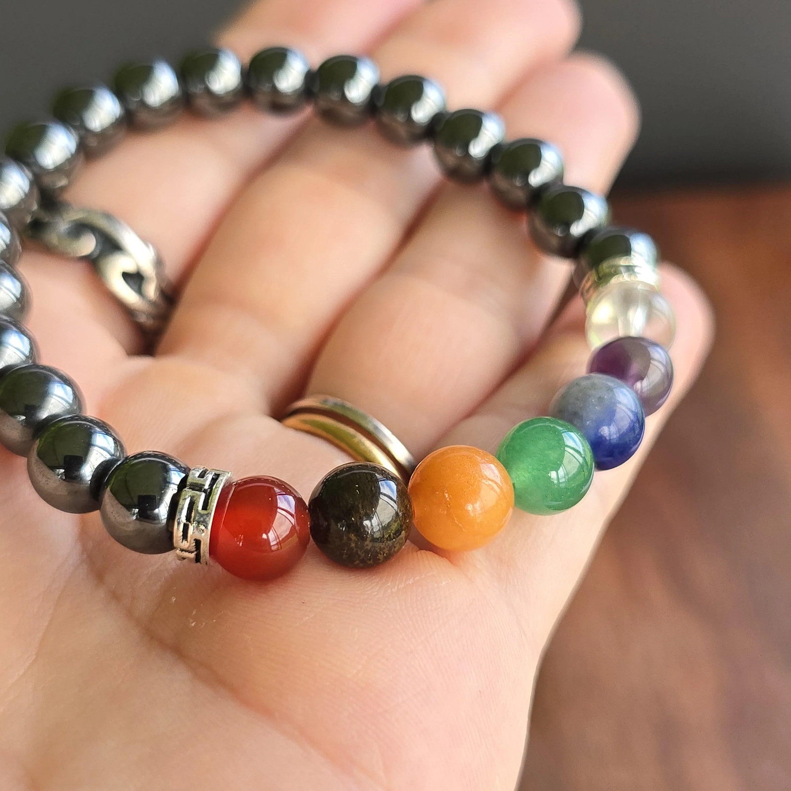 Seven Chakra Stone Hematite Bracelet: Handmade Gemstone Beaded Bracelet