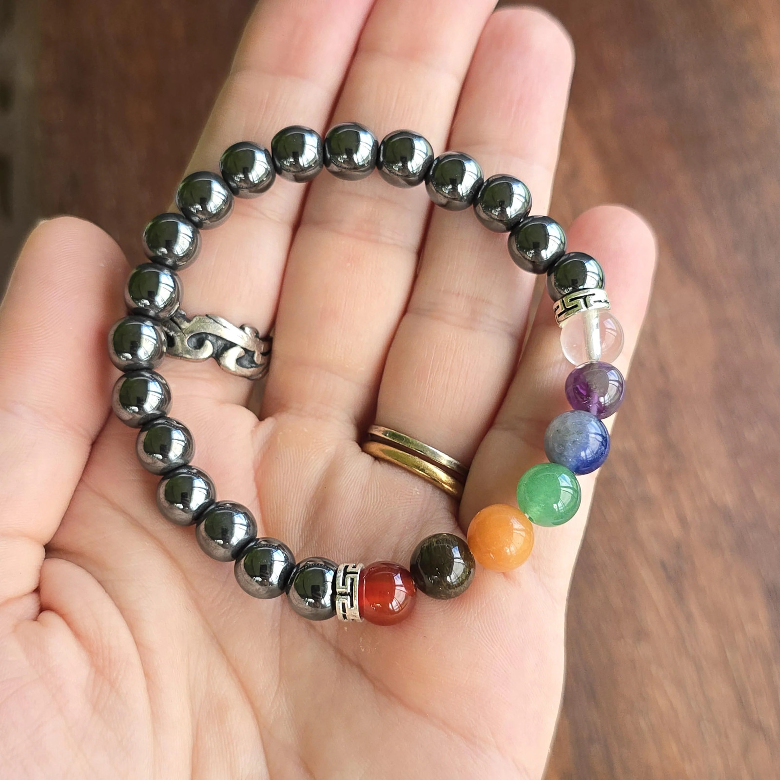 Seven Chakra Stone Hematite Bracelet: Handmade Gemstone Beaded Bracelet