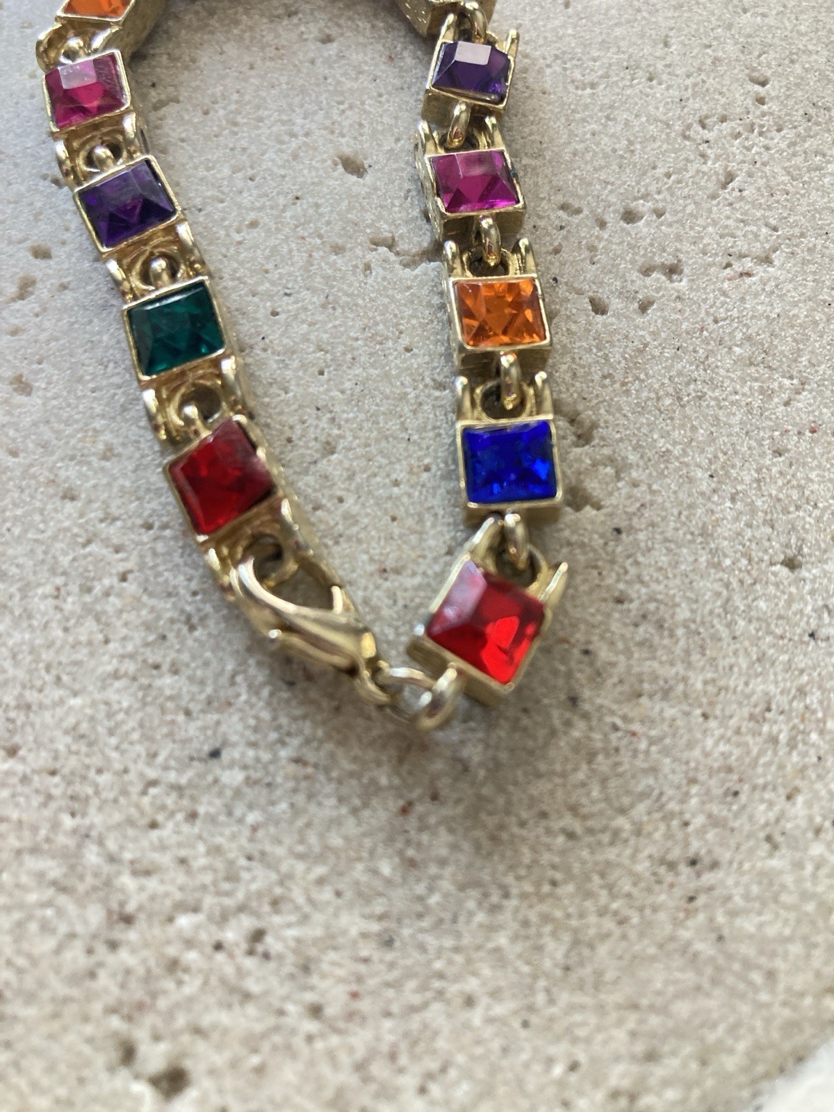 Multicolor Rhinestone Tennis Bracelet Gold Tone Square Link Bold Glam Couture