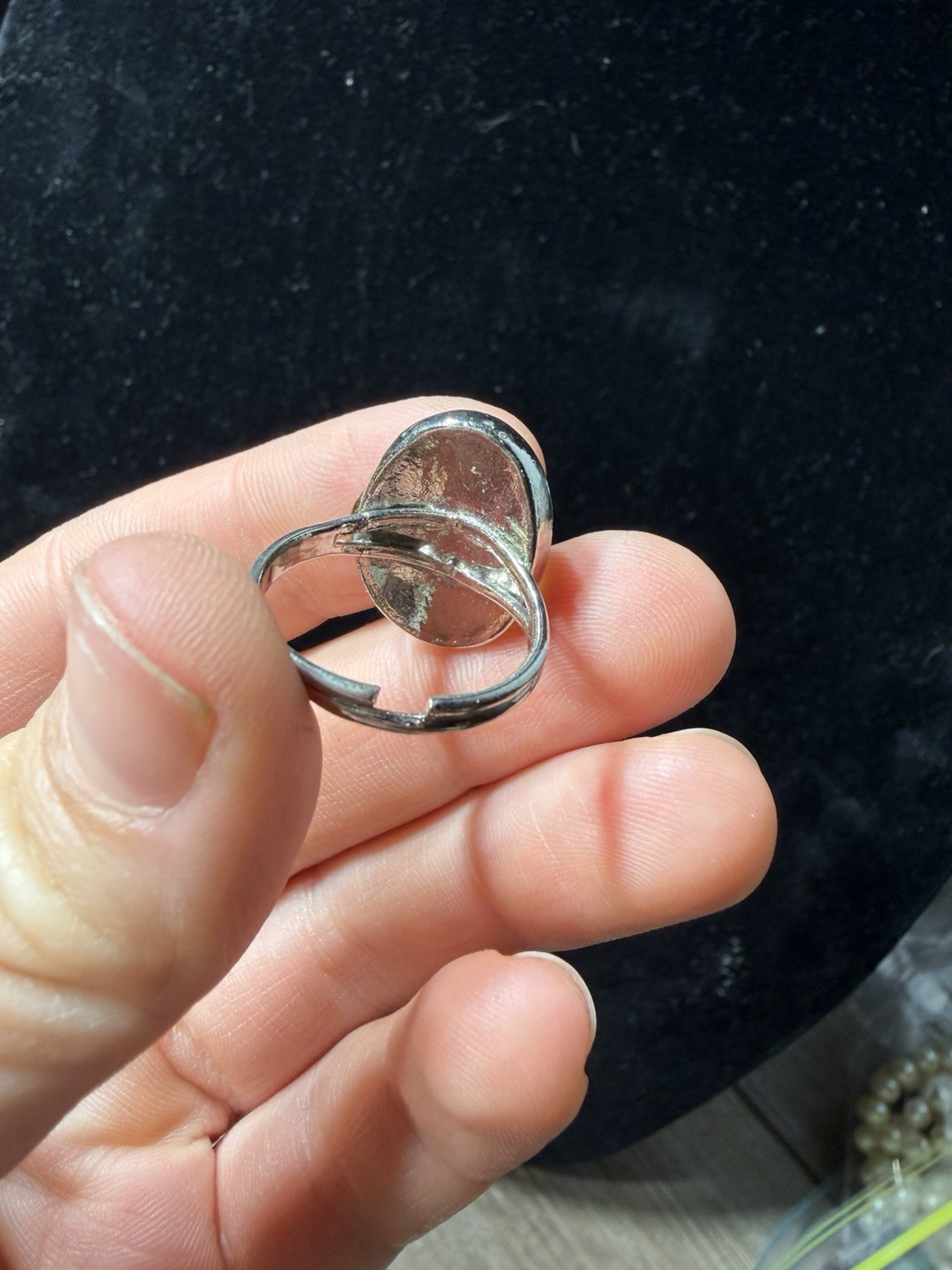Vintage Adjustable Silver Tone Oval Cabochon Statement Ring