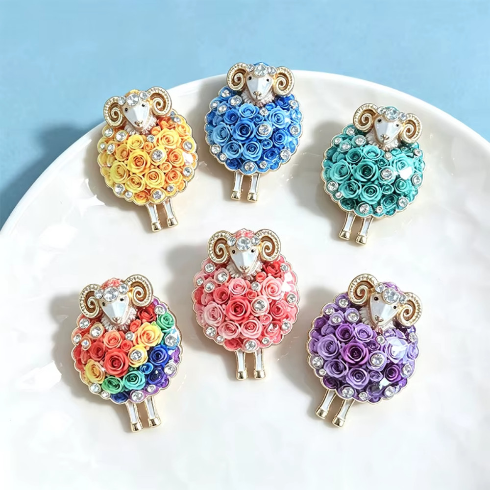 Luxury Pink Rose Flower Ram Brooch Pin Crystal Gold Sheep Animal Jewelry Gift