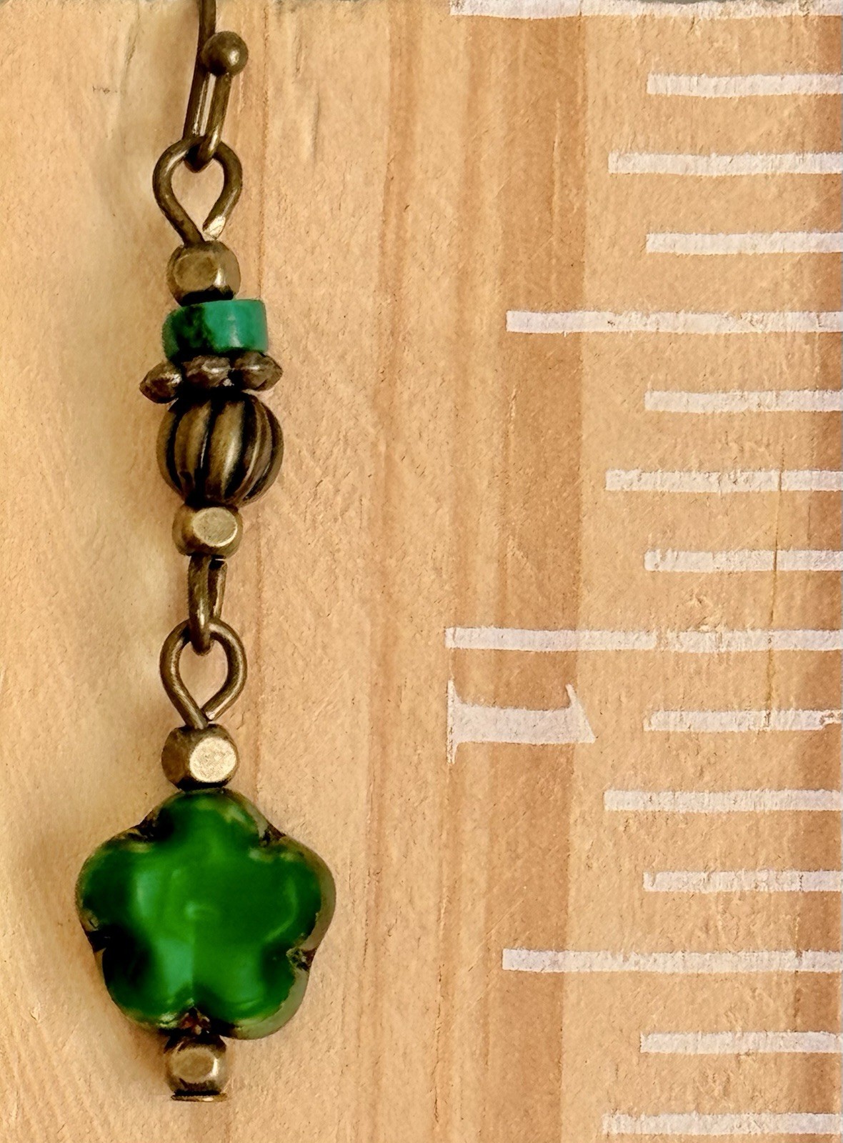 Bronze and Silky Green Picasso Flower Dangle Earrings. Boho Chic.