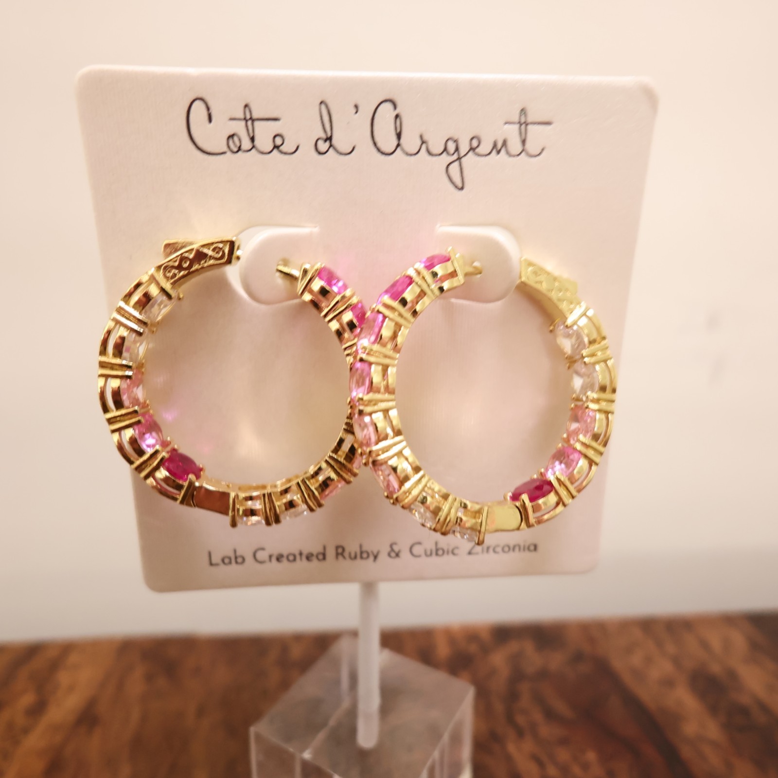Cote d’Argent earrings pink crystal hoops inside-out lab-created rubies CZ 925