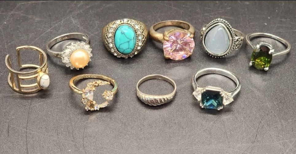 9 Mixed Lot Stylish Cocktail Fashion Rings Assorted Multicolor Stones Metal
