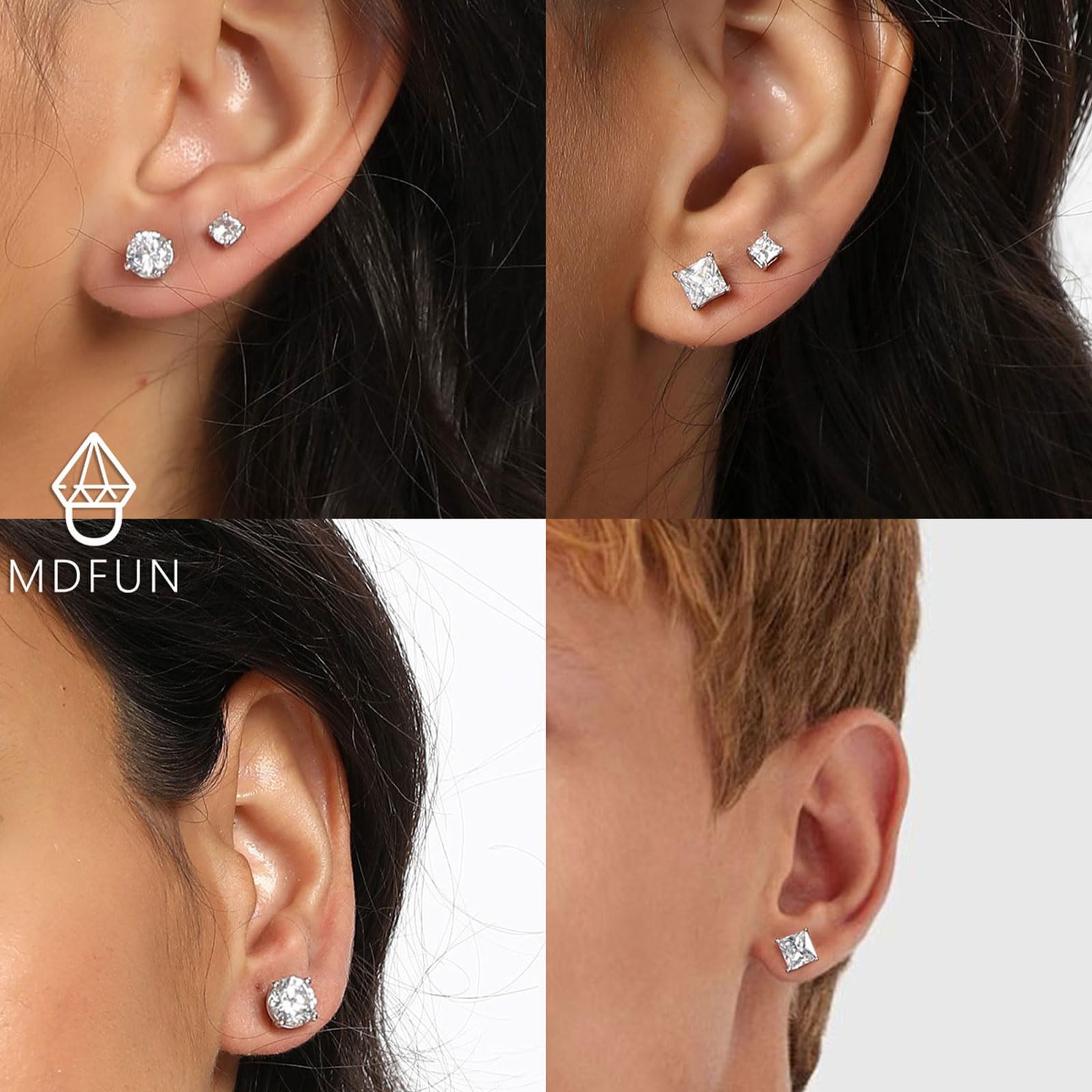 MDFUN 6 Pairs 925 Sterling Silver Post Stud Earrings Set 3mm/5mm/7mm Princess…