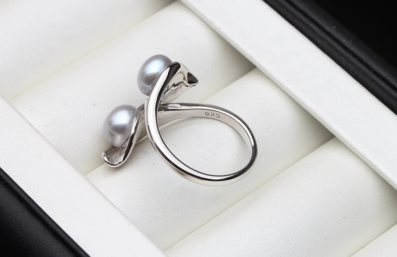 925 Sterling Silver Ring Freshwater Pearl Adjustable Double Band Jewelry