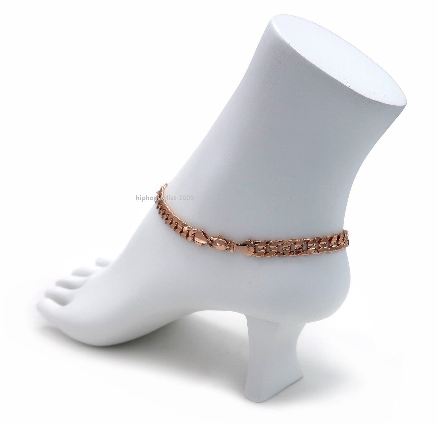 10″ Concave Cuban Link Chain Anklet Bracelet Italy 14K Pink Rose Gold Plated