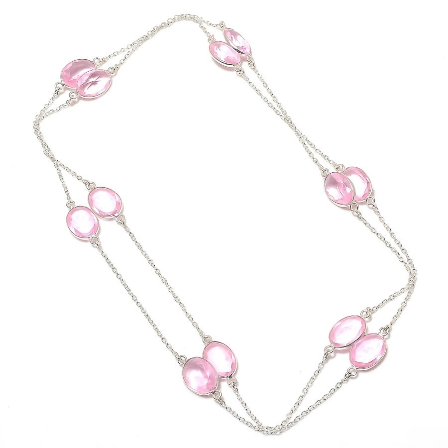 Faceted Pink Kunzite Oval Shape Gemstone Handmade Antique Jewelry Necklace 36″