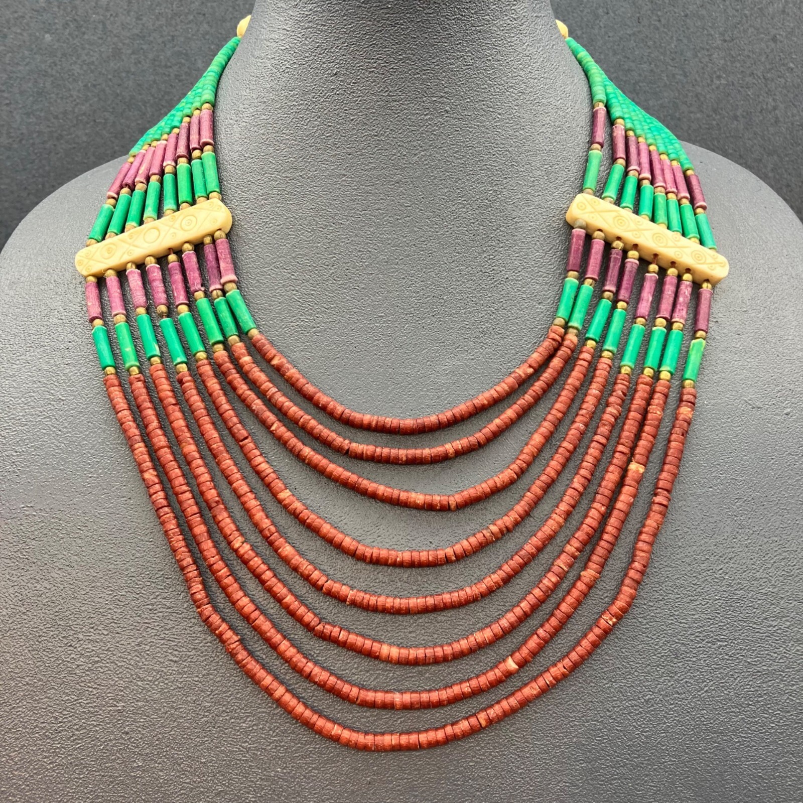 Seven Strand Statement Necklace Ivory Bar Purple Green Maroon Gold Round Button