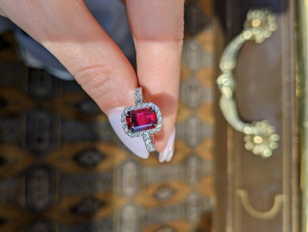 2.20 Ct Emerald Cut Natural Ruby & Diamond Wedding Ring 14K White Gold Size 9