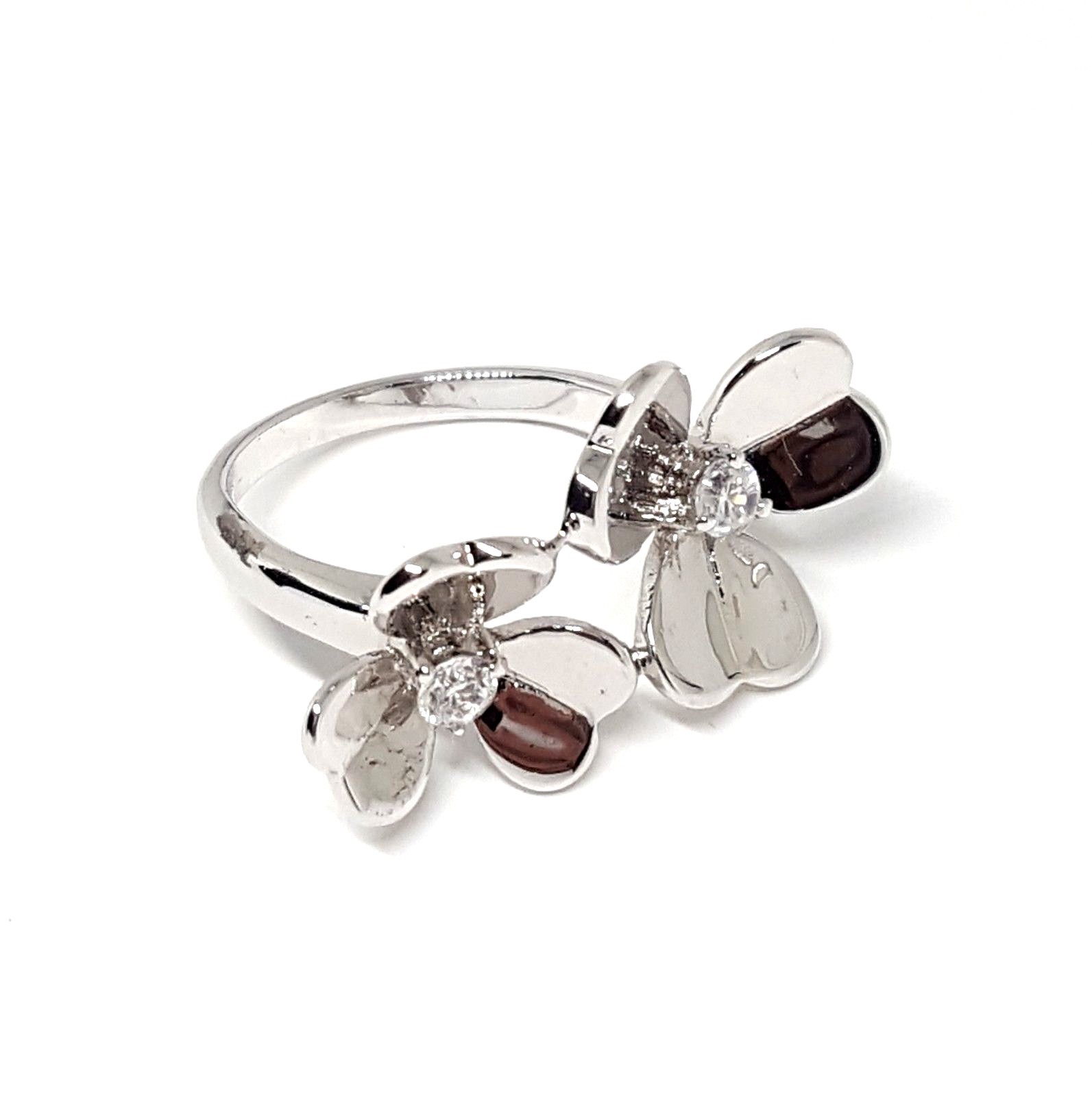 (SIZE 6,7,8) Reflective DOUBLE FLOWERS RING w/ CZ Stones .925 STERLING SILVER