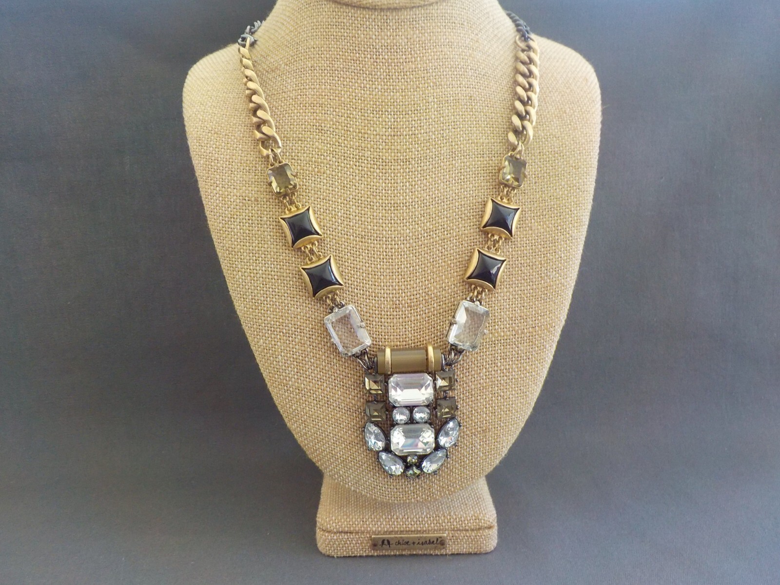 Square Teardrop Clear Black Green Glass Plastic Necklace Gold Black Tone Metal