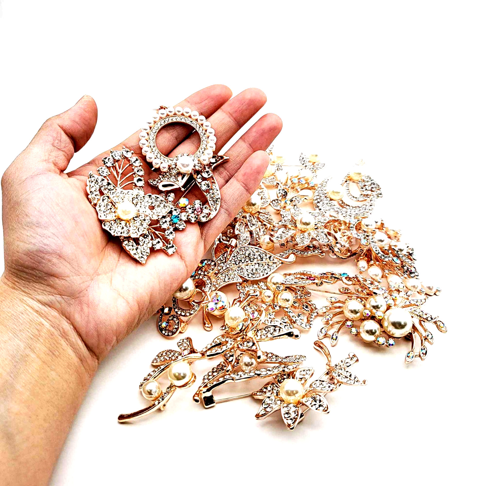Gold Pearl Crystal Brooch Collection Vintage Bridal Bouquet Pins Scarf Accents
