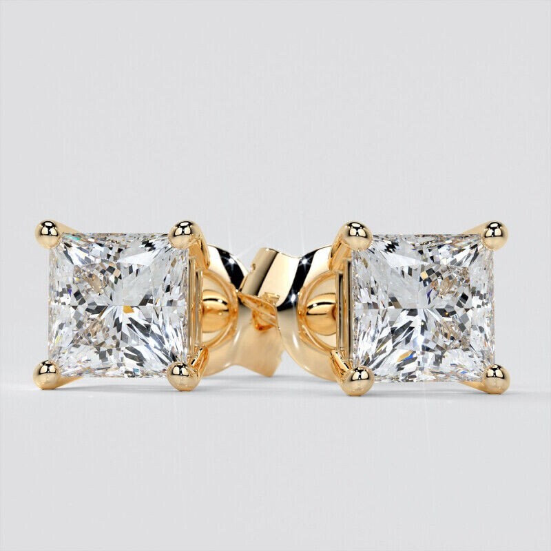 14k princess cut stud earrings lab simulated diamonds yellow or white gold
