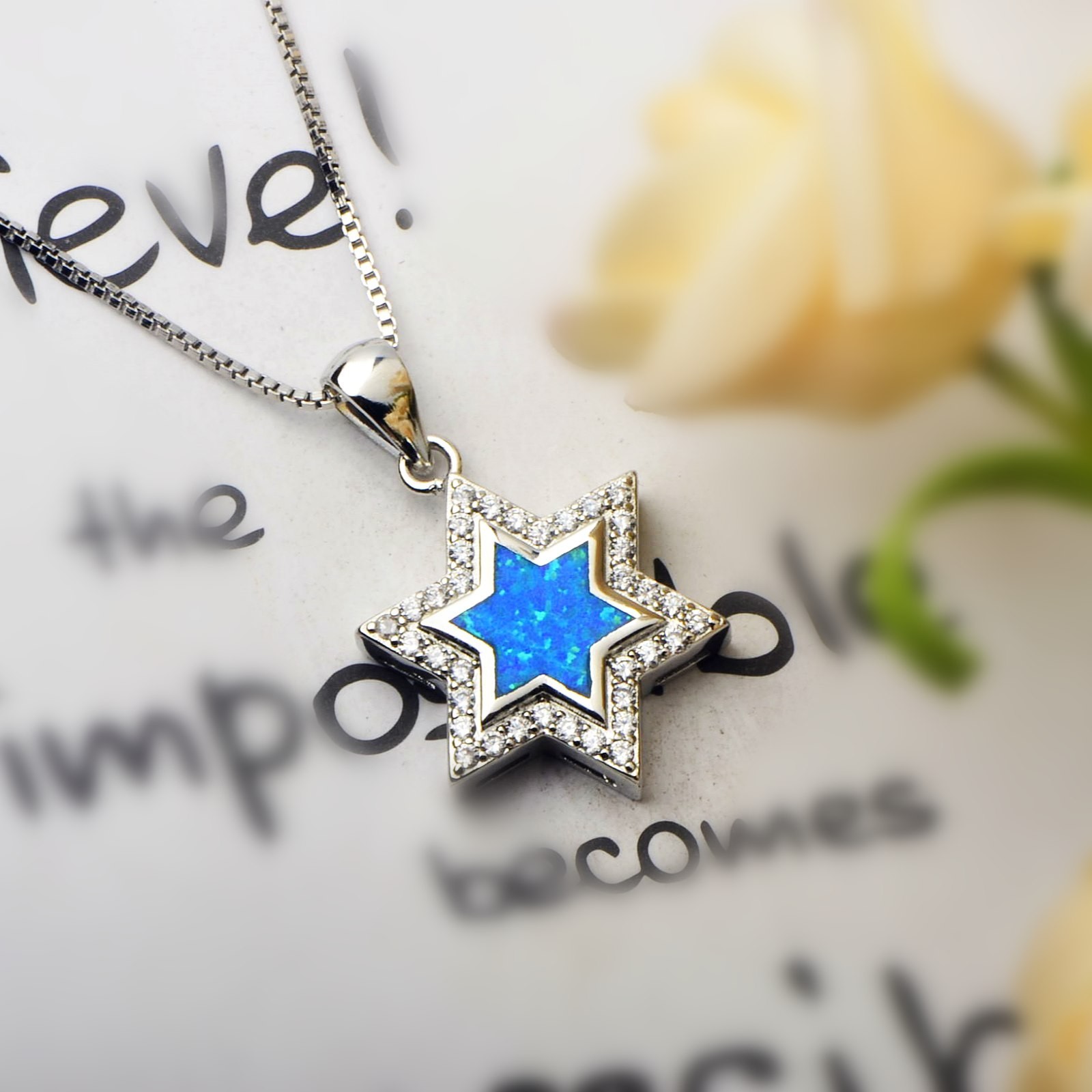 Vikoly Blue Fire Opal Hexagonal Star Necklace Silver Filled For Women Girls