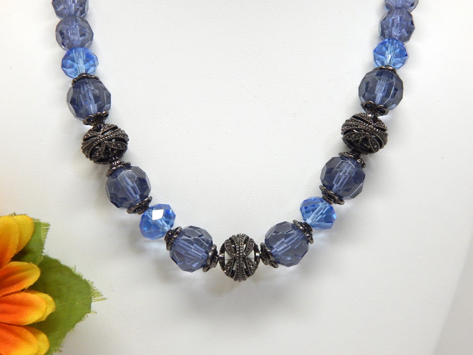 1928 Translucent Blue Acrylic Bead Necklace with Anodized Black Metalwork 19″