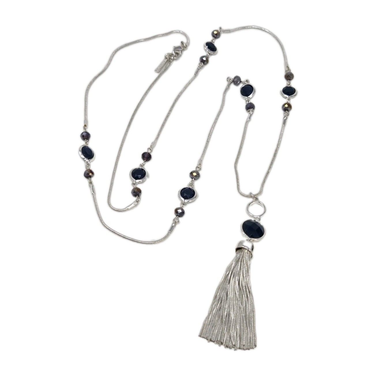 Nine West Silver Tone Station Tassel Necklace Blue Purple Crystals Bezel 36″