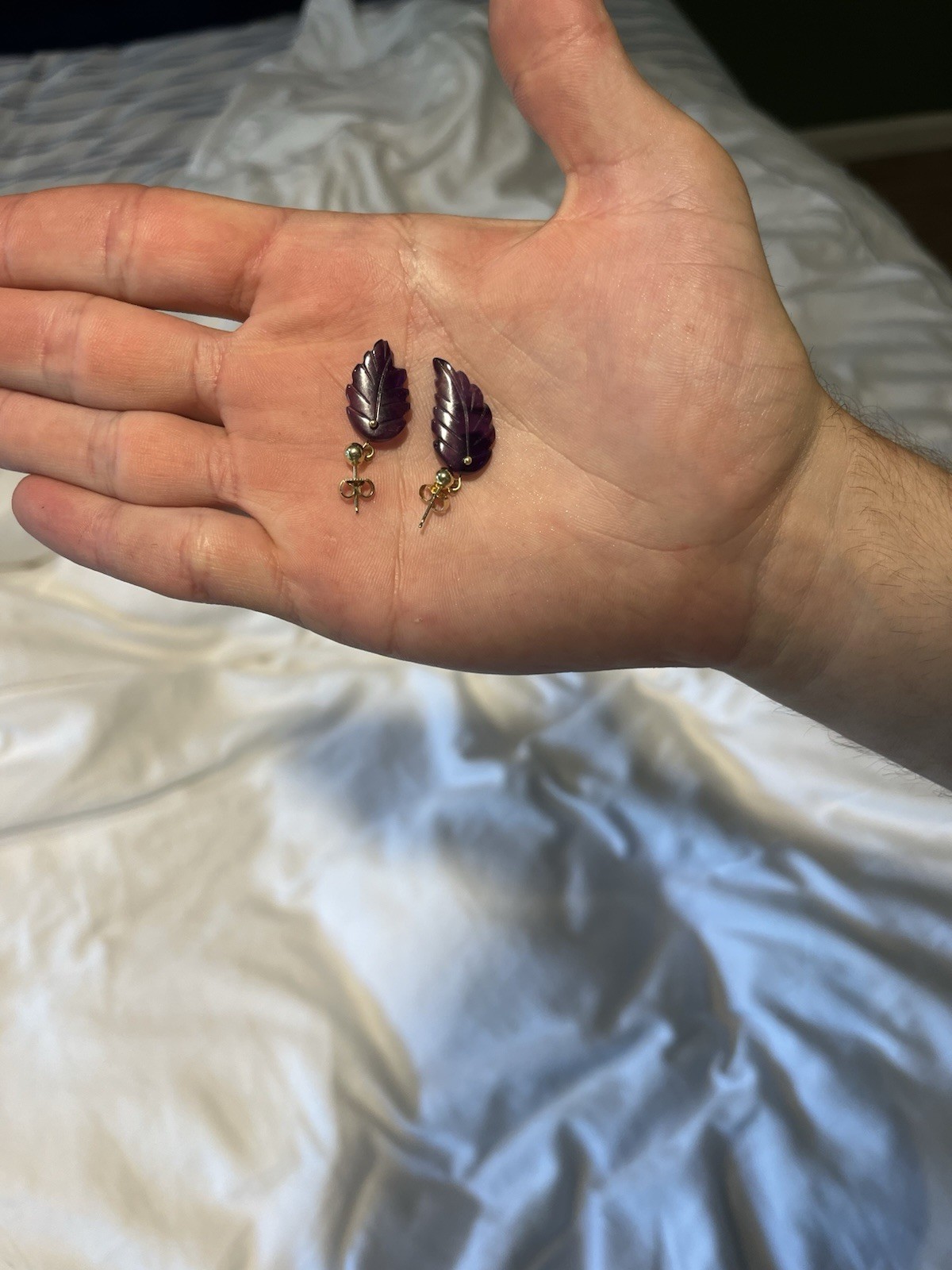 Vintage 14K Gold Carved Amethyst Leaf Stud Earrings Natural Gemstone Estate
