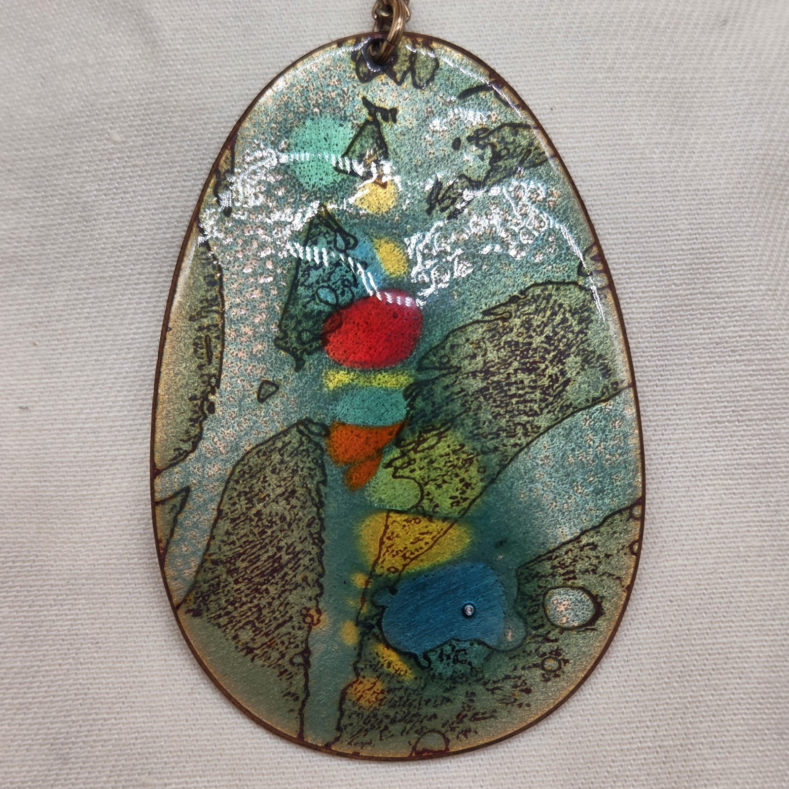 Vintage Enamel on Copper Oval Shape Red Blue Abstract Pendant Chain Necklace