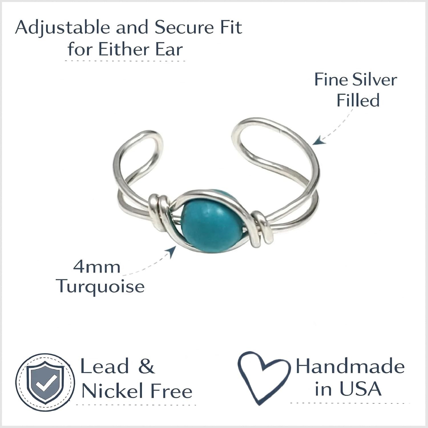 Turquoise Clip On Ear Cuff, 22k Gold or Fine Silver Non Piercing Dainty Huggie G