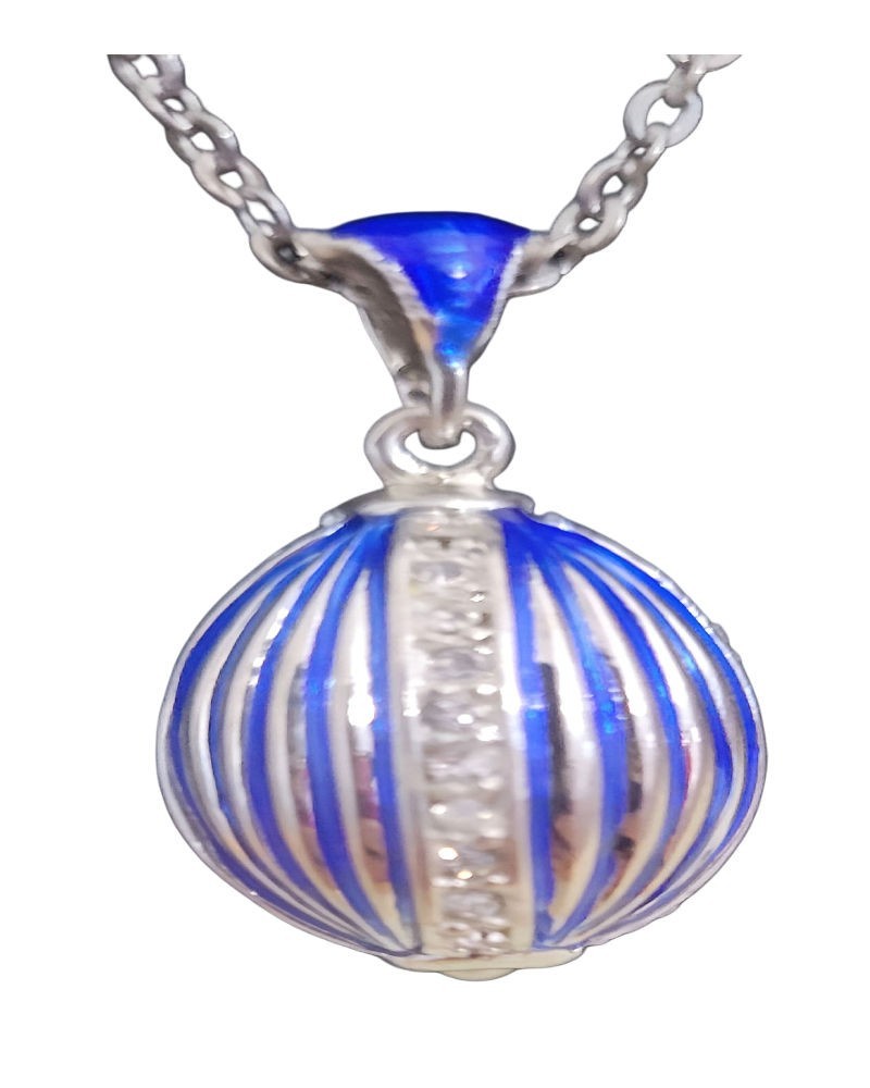Russian Faberge Inspired Easter Enamel Egg Blue Color Pendant w/ Silver Chain