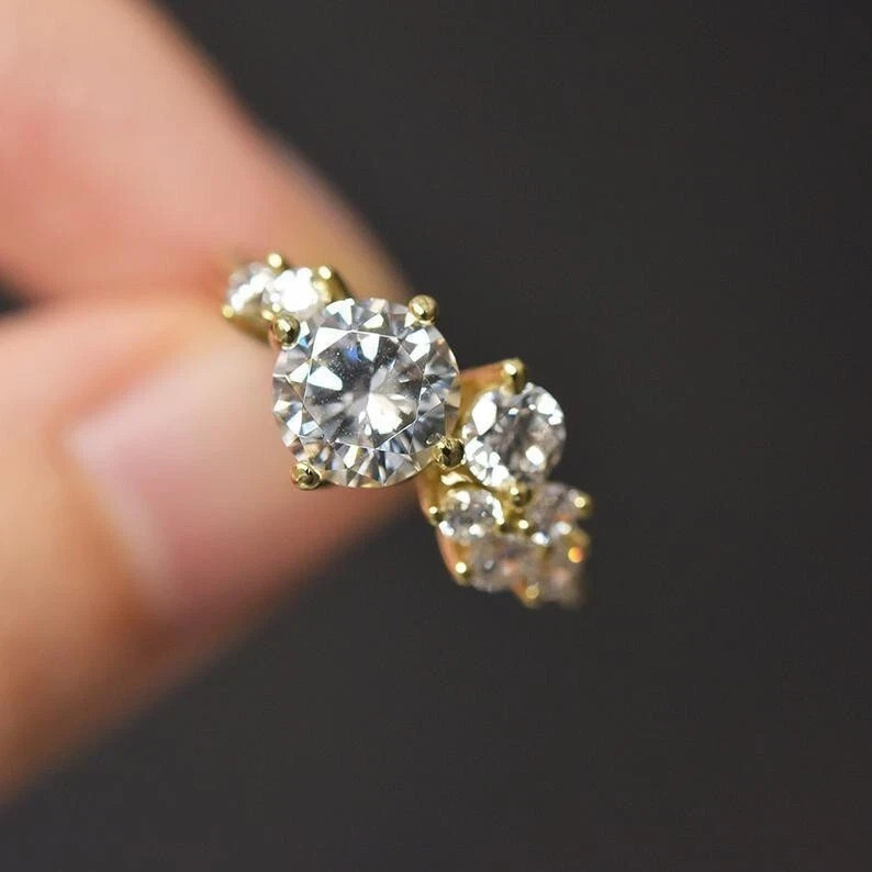 Unique 2.50CT Round Cut Real Moissanite Engagement Ring 14K Yellow Gold Plated