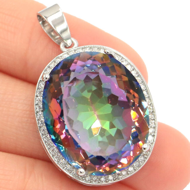 Buy 2 get 1 free 22x18mm Fire Rainbow Mystical Topaz CZ Women Silver Pendant