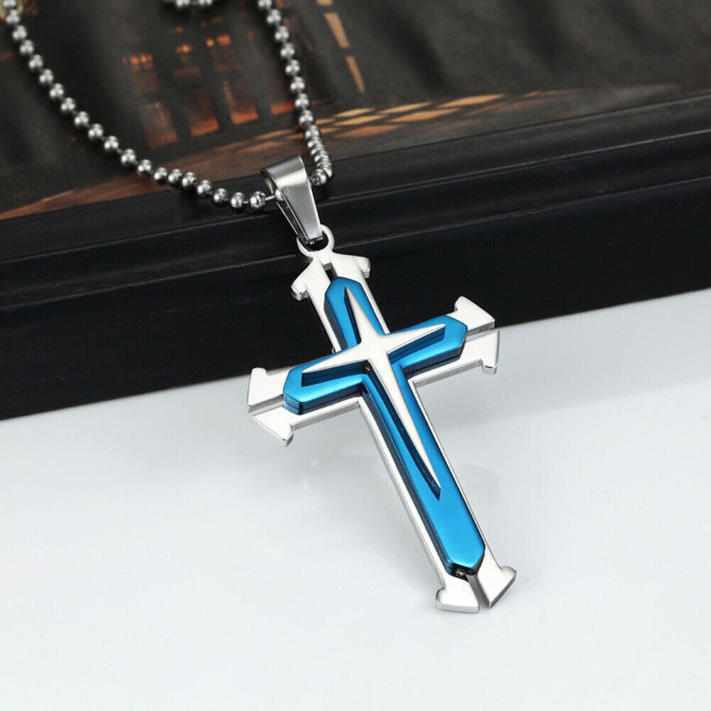 Vintage Cross Pendant Necklace BLUE & Gold Stainless Steel Alloy Unisex Crucifix