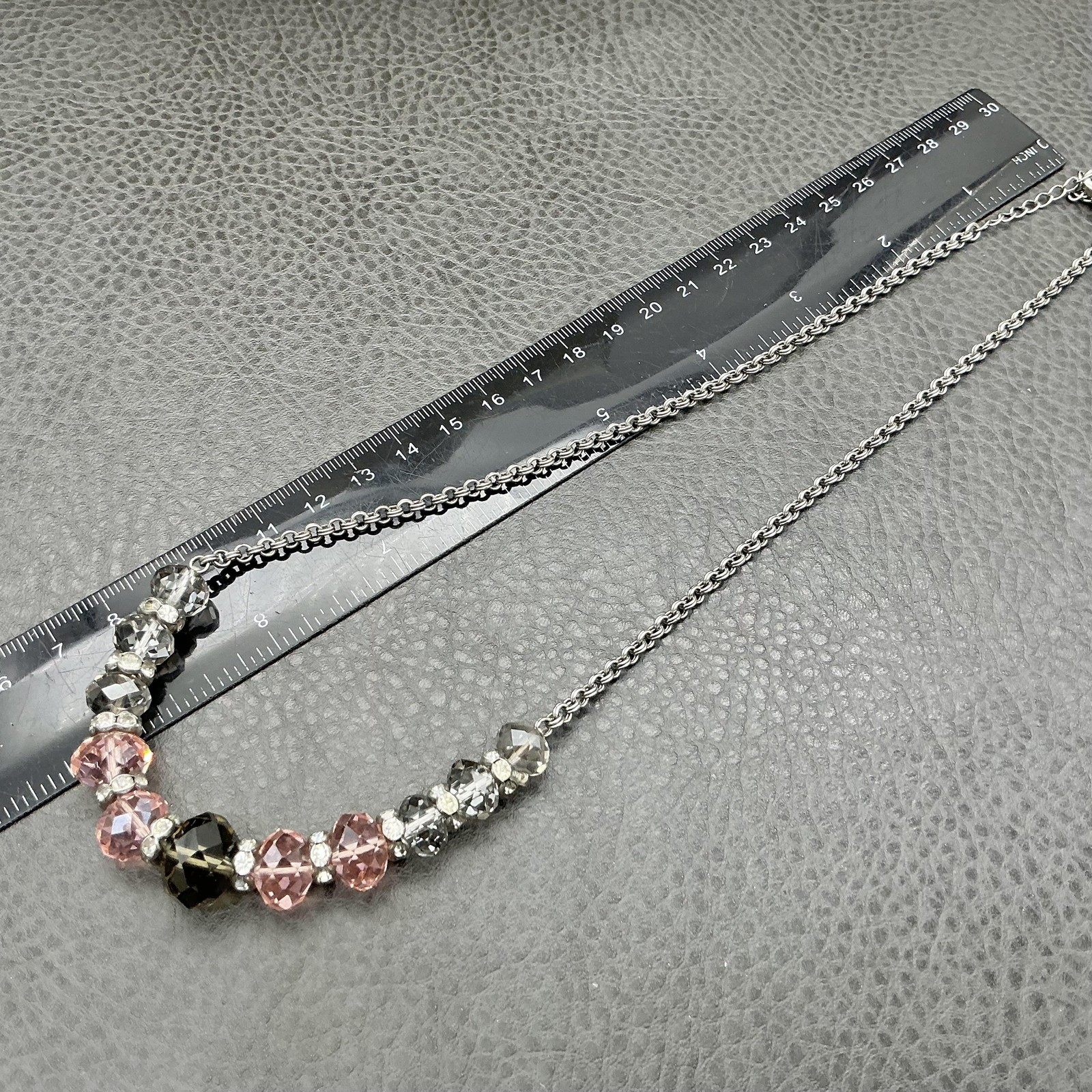 LOFT Necklace Silver Tone Pink Gray Crystal Beaded Womens Statement Jewelry 18″