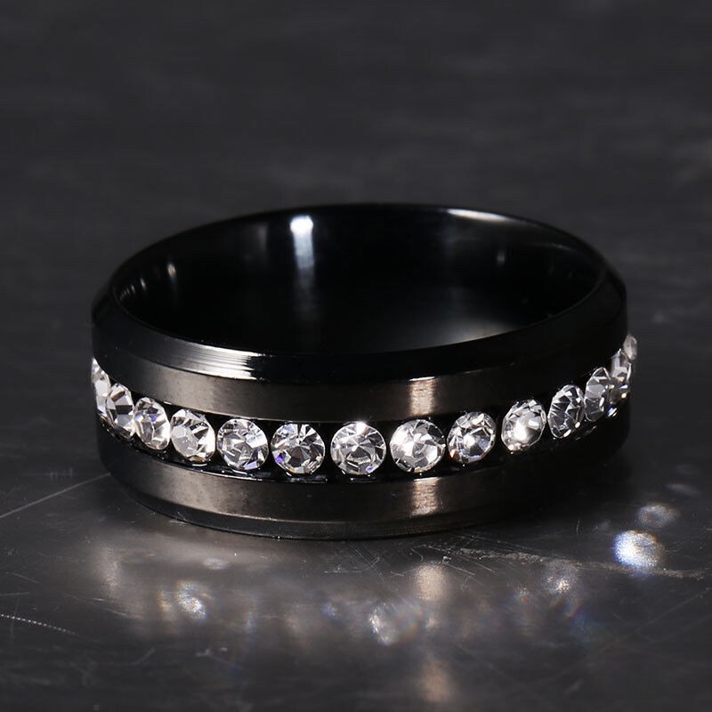 US SELLER STAINLESS STEEL SINGLE ROW Full Crystal Black Band RING Size 6 Pinkie