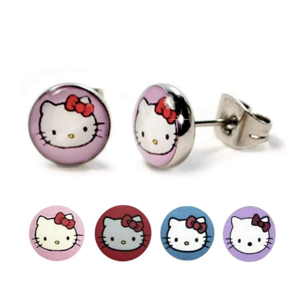 STAINLESS STEEL POST EARRINGS HELLO KITTY 8mm Stud Tiny Pink Red Blue or Purple