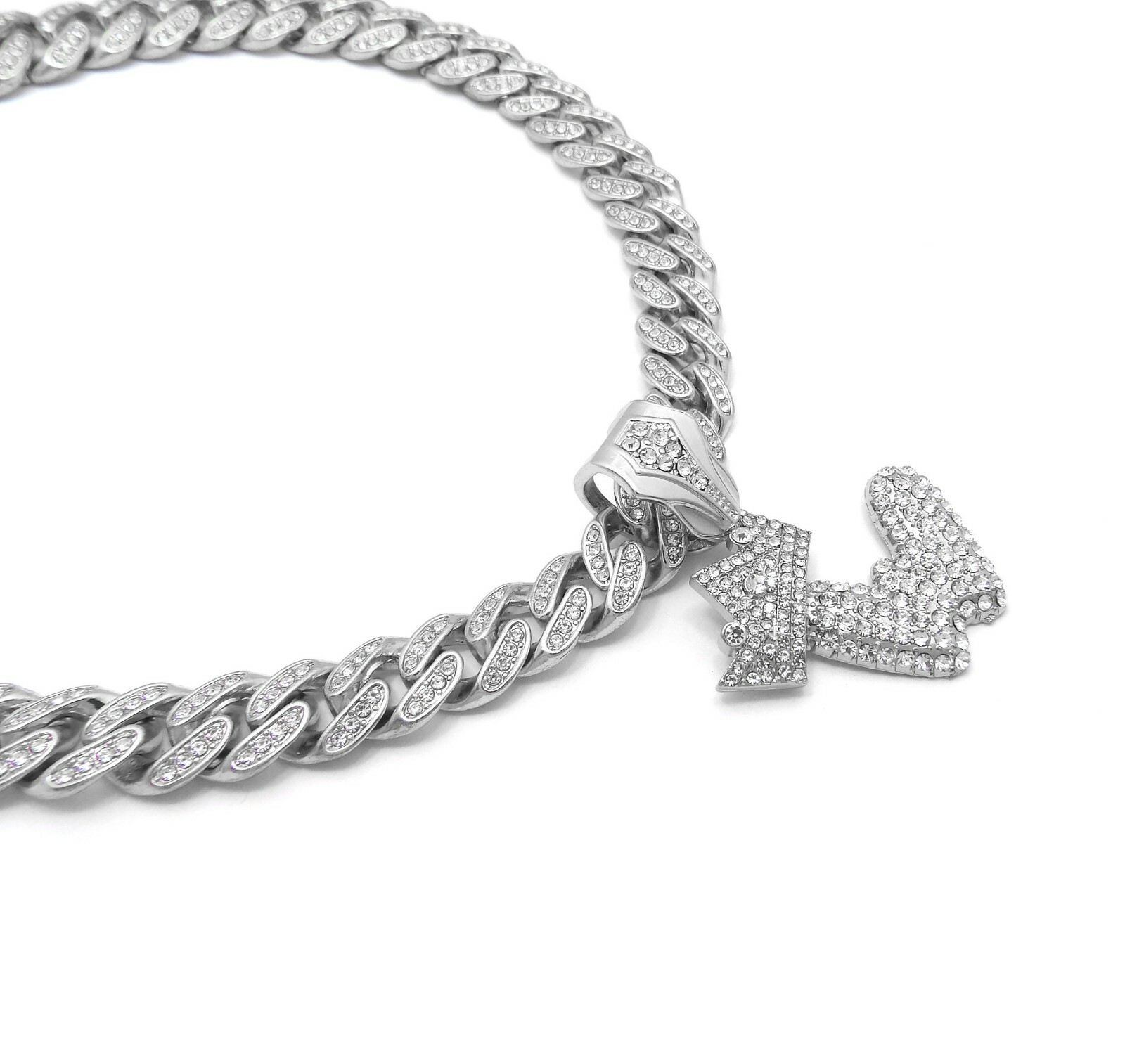 Silver PT Bubble Alphabet W Pendant 16″ ~ 24″ Iced Cuban Box Lock Chain Necklace