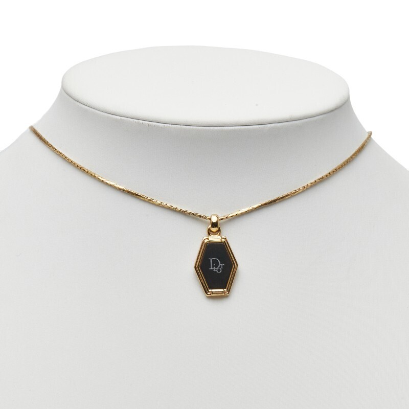 Christian Dior Gold Honeycomb Hexagon Pendant Necklace 17.7in Authentic