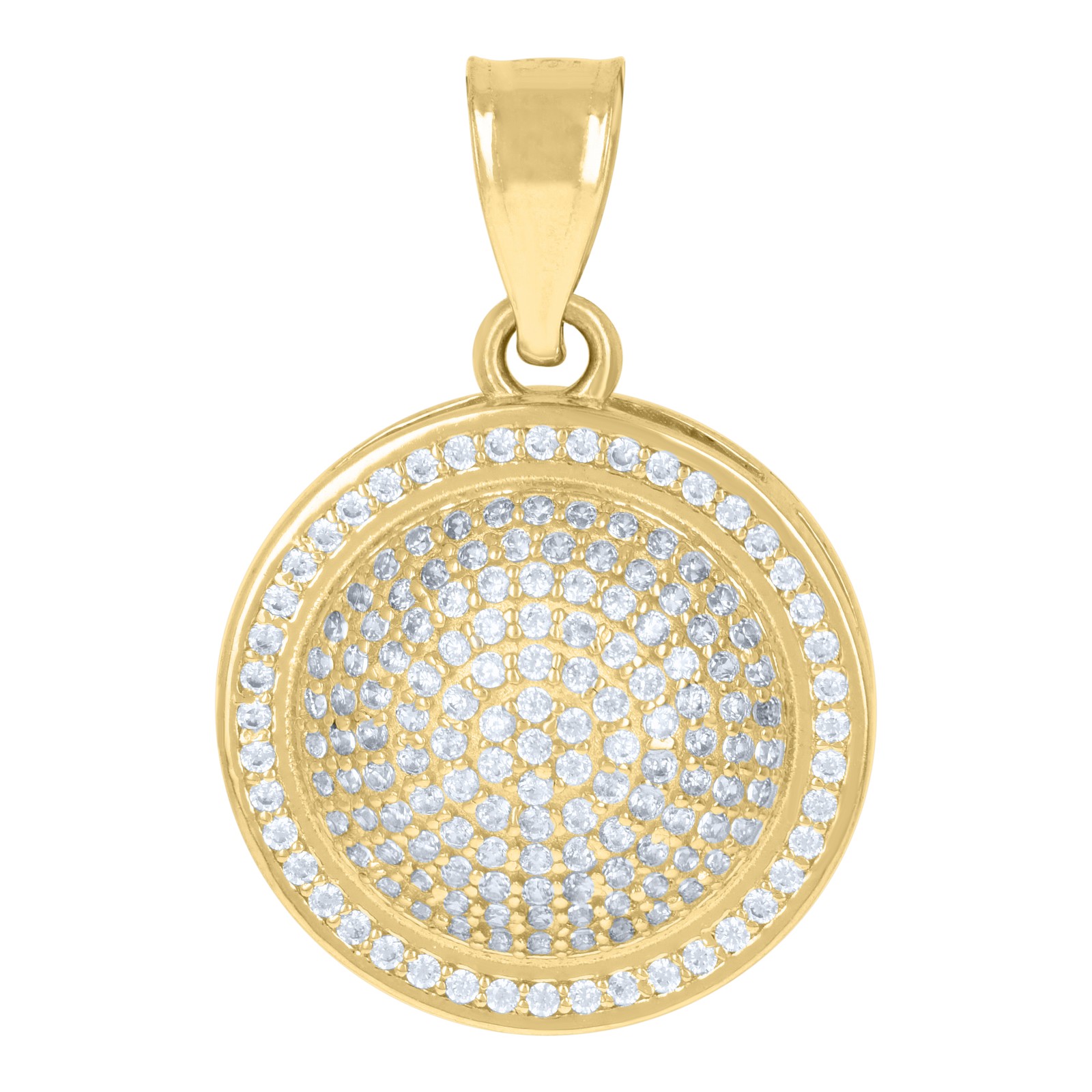10K Yellow Gold Round CZ Unisex 0.90″ Iced Charm Domed Circle Medallion Pendant