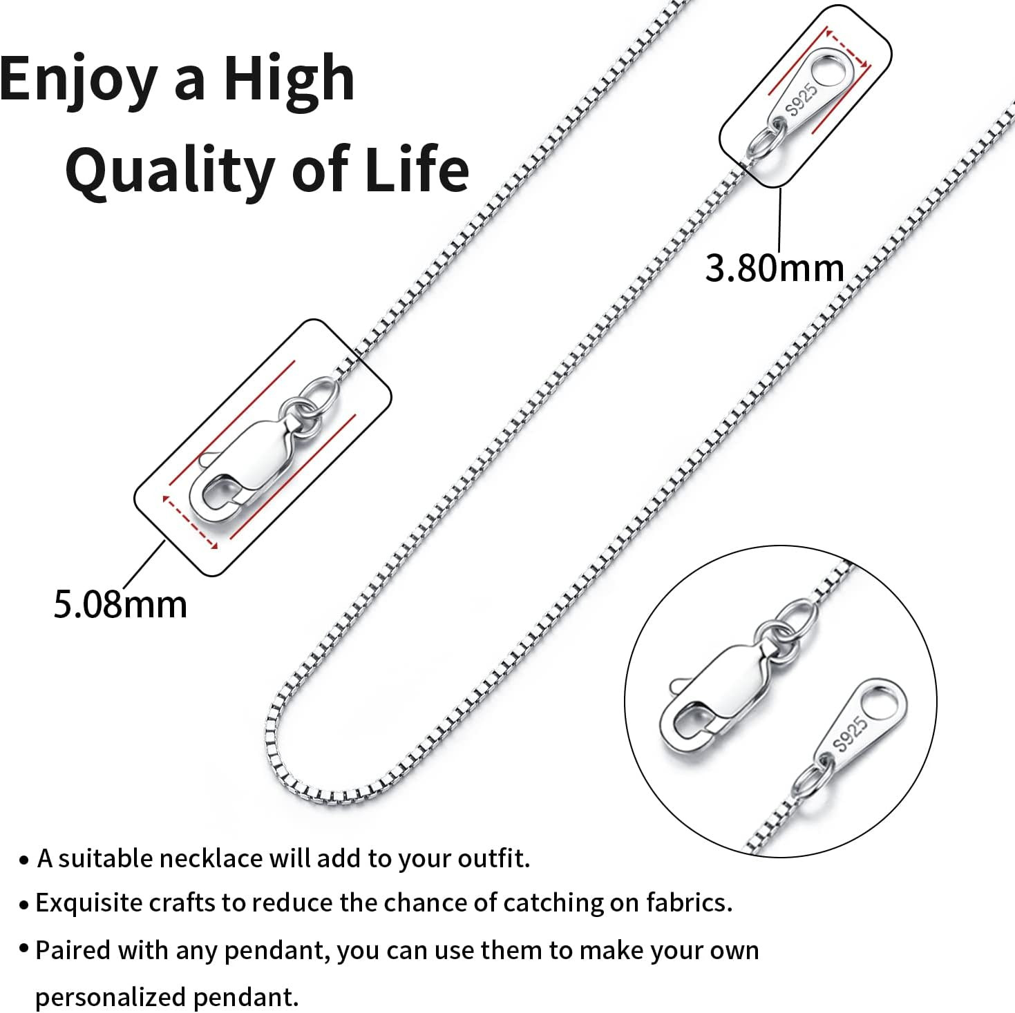 18K Gold Plated 925 Sterling Silver Chain Necklace for Women Girls, 0.8Mm Box Ch