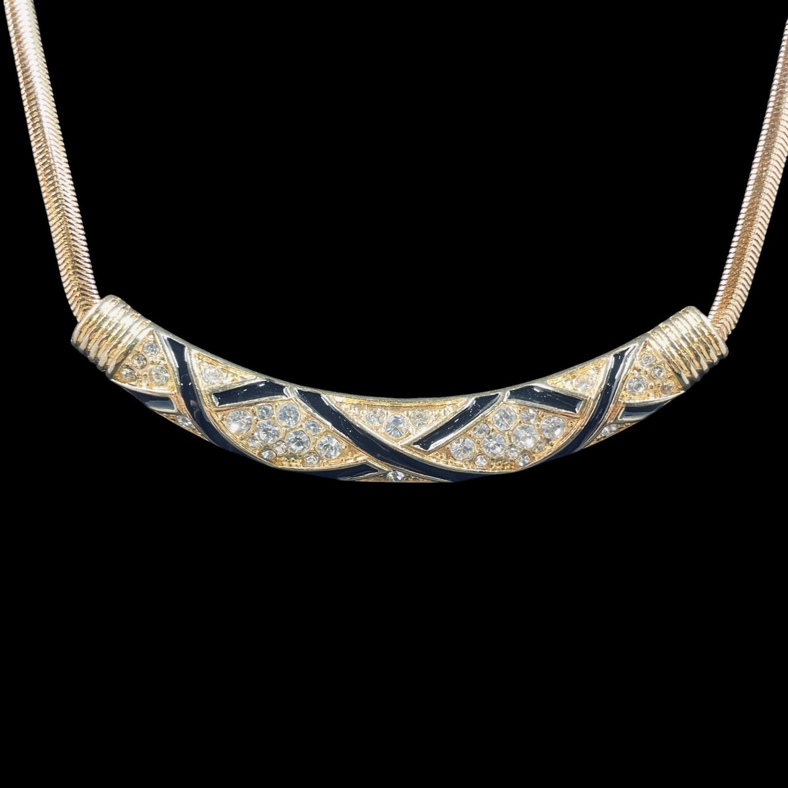 Snake Chain Necklace Bar Pendant Black Enamel Crystal Collar Retro Glam
