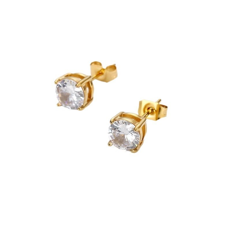 Women Men GOLD ROUND Clear CZ HIP HOP STUD EARRINGS Gift 6mm