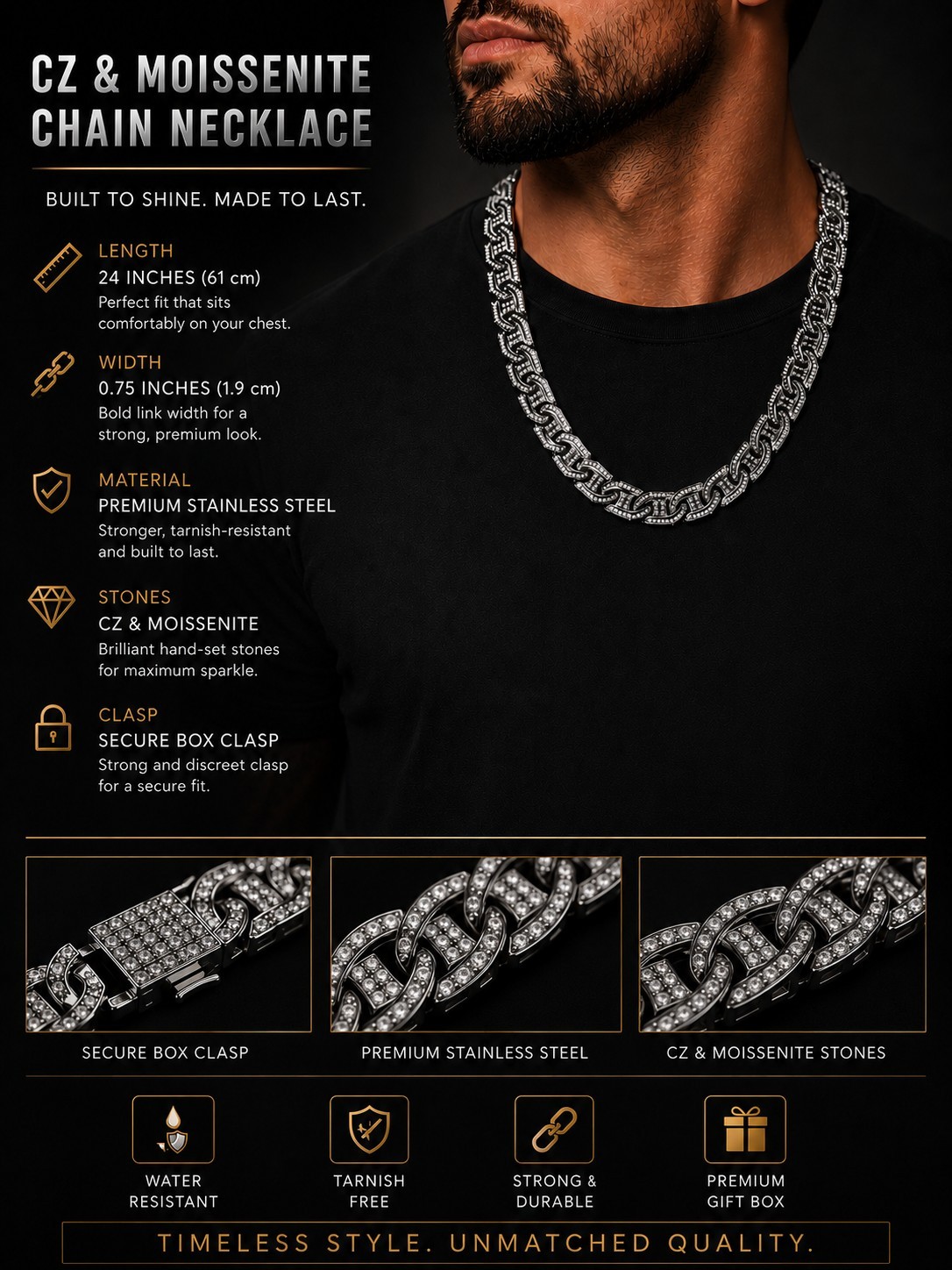 Gunmetal CZ & Moissanite Statement Chain Necklace